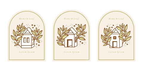 Hand drawn vintage home, leaf, floral logo template and feminine beauty brand element collection