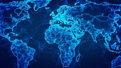 Abstract network wireframe in blue world map. Network lines in the digital concept world map or cyber technology world.