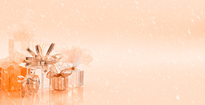 horizontal background gifts colors snow bows ribbon holiday celebration ice orange