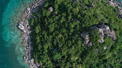 Aerial drone view over Koh Nang Yuan island near the paradise diving island of Koh Tao in the Gulf of Thailand