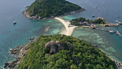 Aerial drone view over Koh Nang Yuan island near the paradise diving island of Koh Tao in the Gulf...