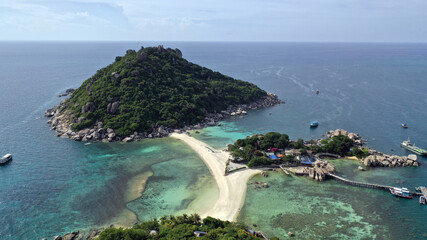 Aerial drone view over Koh Nang Yuan island near the paradise diving island of Koh Tao in the Gulf...