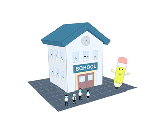 students wearing masks and happy cartoon pencil, safety back to school concept. 3D illustration perspective view 