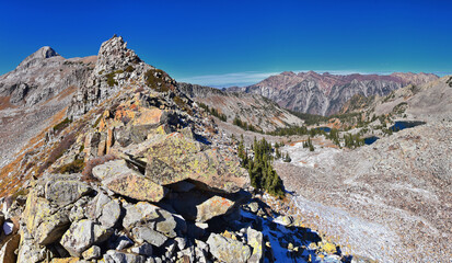 View of Pfeifferhorn peak and Lone Peak Wilderness mountain landscape from White Baldy and Pfeifferhorn trail, towards Salt Lake Valley, Wasatch Rocky mountain range, Utah, United States. 