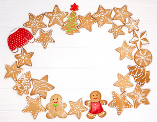 Tasty homemade Christmas cookies on white background with free space