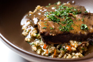 Beef tenderloin with broth and bulgur