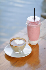 hot cofffee or latte coffee and strawberry smoothie