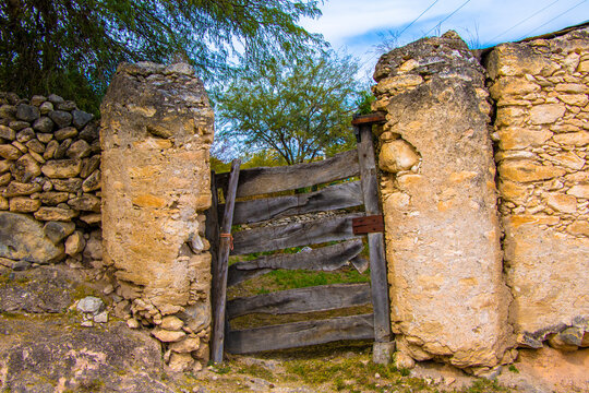 Puerta de madera de entrada a establo típico de los pueblos mexicanos, hecho de adobe y piedra, madera vencida y desgastada, vegetación integrada en la construcción.