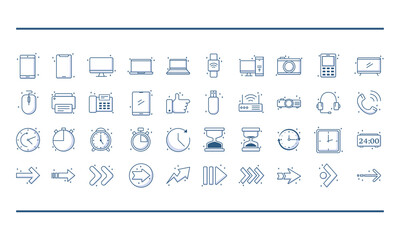 technology devices and arrows icons set include computer smartphone laptop line style