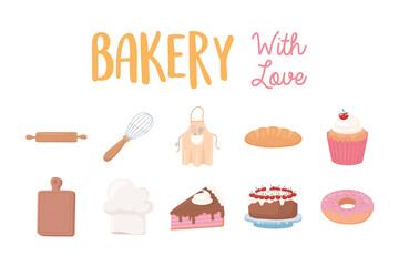 bakery with love icons donut cake cupcake bread and utensils