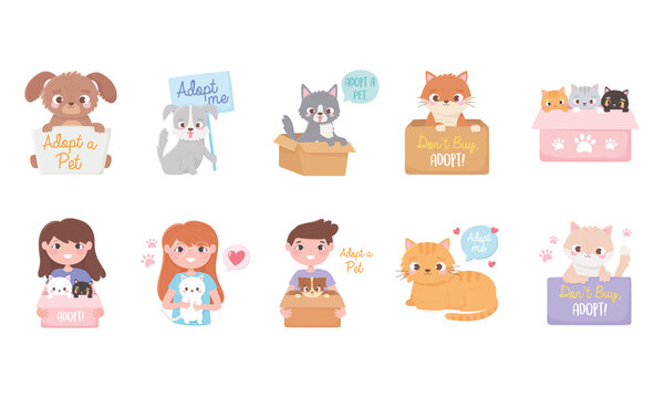 adopt a pet, icons set of people with cats and dogs cartoon