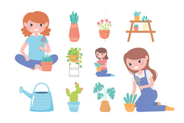 home gardening, girls houseplants growing in pots watering can icons