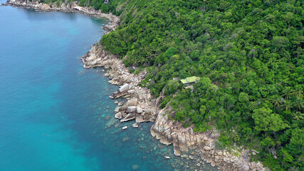 Fototapeta premium Aerial drone view over Sai Deng Beach on the paradise diving island of Koh Tao in the Gulf of Thailand