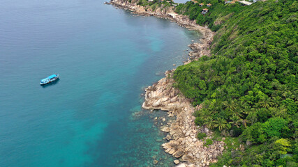 Aerial drone view over Sai Deng Beach on the paradise diving island of Koh Tao in the Gulf of Thailand