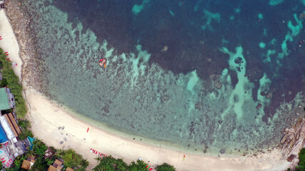 Aerial drone view over Sai Deng Beach on the paradise diving island of Koh Tao in the Gulf of Thailand
