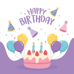 happy birthday, greeting card cake balloons and party hat celebration