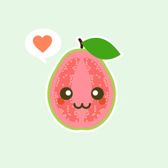 Happy guava fruit with cute kawaii faces, cute vegetable characters with phrases, tropical fruit design isolated color background