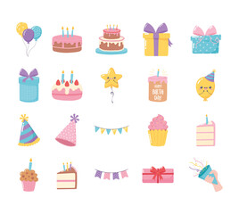 happy birthday, set icons of cake hat gift boxes cupcake balloons cartoon