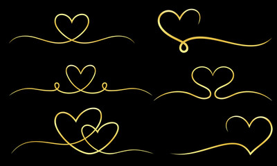 A collection of decorative frames in the shape of a gold heart ribbon. Perfect for design elements of invitation ornate frames and templates. Elegant gold love  swirl decorative set.