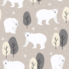 Christmas seamless pattern with polar bear background, Winter pattern with deer and fox, wrapping paper, winter greetings, web page background, Christmas and New Year greeting cards