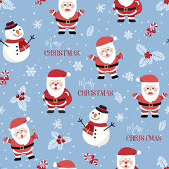 Christmas seamless pattern with Santa and snowman background, Winter pattern with holly berries, wrapping paper, winter greetings, web page background, Christmas and New Year greeting cards