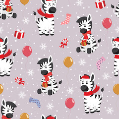 Christmas seamless pattern with zebra background, Winter pattern with happy zebra, wrapping paper, winter greetings, web page background, Christmas and New Year greeting cards
