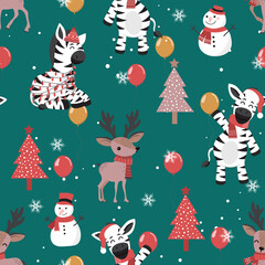Christmas seamless pattern with zebra background, Winter pattern with deer, wrapping paper, winter greetings, web page background, Christmas and New Year greeting cards