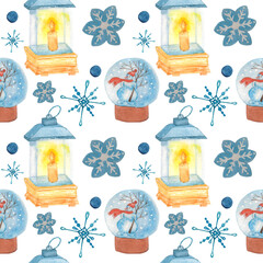 new year watercolor pattern, snow globe lantern, snowflakes, candle, on a white background, beautiful Christmas print, print, blank for textiles
