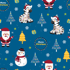 Christmas seamless pattern with zebra background, Winter pattern with santa and snowman, wrapping paper, winter greetings, web page background, Christmas and New Year greeting cards