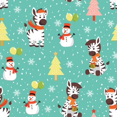 Christmas seamless pattern with zebra background, Winter pattern with christmas party, wrapping paper, winter greetings, web page background, Christmas and New Year greeting cards