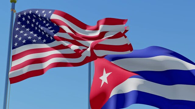 Cuba and USA flags on flagpoles waving on the wind against blue sky. View from below. Three dimensional rendering animation. 