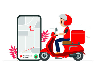 Fast delivery by scooter on mobile. E-commerce concept. Express courier on scooter shipping order Vector