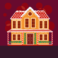 Gingerbread house on red background