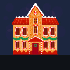 Gingerbread house on blue background