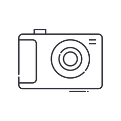 Travel camera icon, linear isolated illustration, thin line vector, web design sign, outline concept symbol with editable stroke on white background.