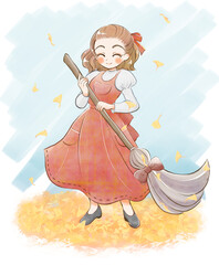 イチョウの落ち葉を掃除するエプロンドレスの女の子・手描き風2