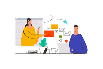 Email marketing, newsletter sending. Electronic mail message concept as part of business marketing strategy. Webmail or mobile service layout for website. Flat vector illustration