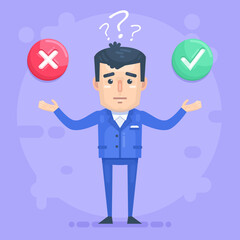 Confused man think accept or decline offer. Make decision, hard question. Modern vector illustration