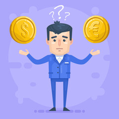 Confused man think in what currency to keep money dollar or euro. Modern vector illustration