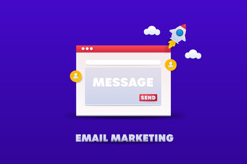 Sending email message, email writing and email marketing service for business. Newsletter promotion campaign for subscribers. Email window interface, 3d style vector illustration, web banner.