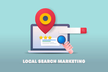 Local search marketing, local business map listing and seo optimization. Local search result with map and rating. 3d style illustration vector.