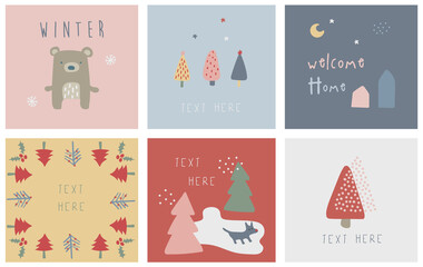 set of Christmas cards. Christmas card with Christmas tree. winter season design elements. winter greeting card. cute hand drawn with Christmas tree. nature. cute bear. animal pattern.
