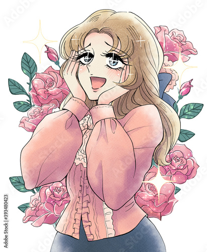 70年代の少女漫画風 歓喜するお嬢様のイラスト 薔薇背景 Wall Mural 水乃みのる