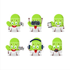 Obraz premium New green gloves cartoon character are playing games with various cute emoticons