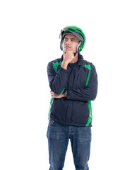 man with uniform and helmet thinking. professional uber driver isolated over white background