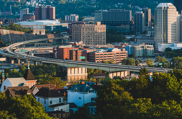 Pittsburgh Urban City Infastructure with pretty colors, bridges, city skyline and room for copy 
