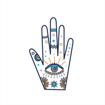 Line art vector illustration with enchantress hand. Evil eyes icon, talismans in hand drawn style. Evil Eye, Hamsa, Hand of Fatima. Symbols of astrological prediction and fortune telling