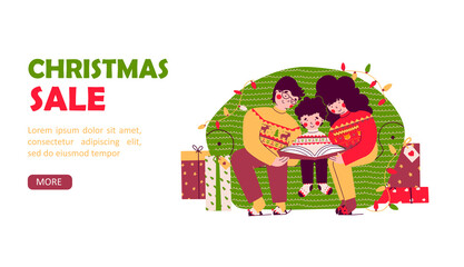 Christmas family evening, reading books, flat vector landing page template. Cartoon vector people illustration.