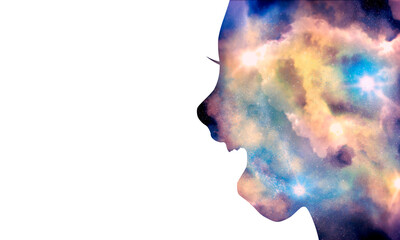 Silhouette of woman head. Scientific medical design. Double exposure. Universe filled with stars.