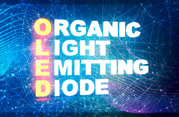 Acronym OLED - Organic Light Emitting Diode. Technology conceptual image. 3D rendering. Neon bulb illumination
